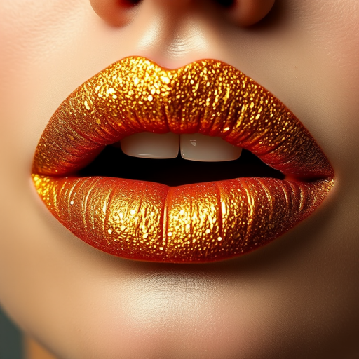 Glittering gold lips adorned with tiny flecks of metallic pigment, creating a luxurious and opulent appearance fit for royalty