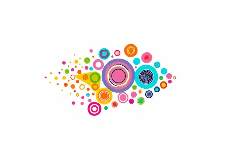 Create a high-resolution image of a colorful arrow shape filled with circular patterns, using a DSLR camera with a 50mm lens, aperture set at f/2.8, ISO 100, and a bright studio backdrop to enhance colors and contrast.