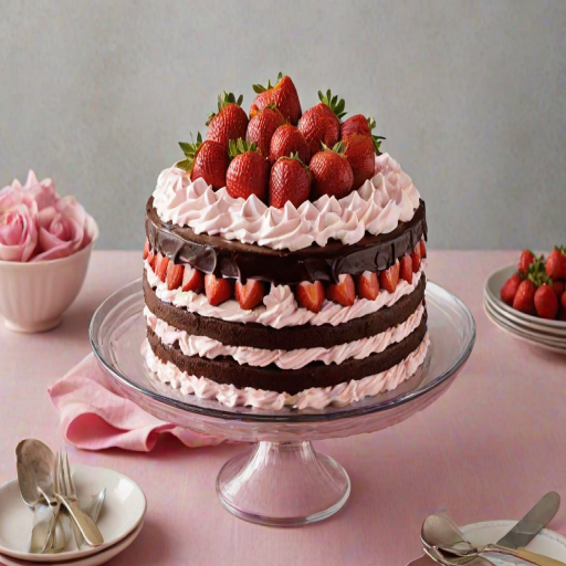 Create a vibrant and delicious cake display featuring a multi-layered cake with rich chocolate frosting, fresh strawberries, and pink whipped cream. The cake should be beautifully sliced to reveal the layers inside, showcasing a mix of chocolate and strawberry flavors. Surround the cake with rose petals and small decorative hearts for a romantic touch.