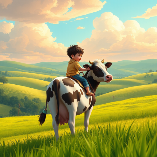 Regenerate a highly detailed illustration of a child riding a cow in a serene pastoral setting, featuring lush green fields, rolling hills, and a vibrant sky with stylized clouds, using a Canon EOS R5 camera with a 50mm f/1.2 lens, aperture set to f/2.8, ISO 100, and a shallow depth of field for enhanced image quality, capturing a soft focus background and vivid colors.