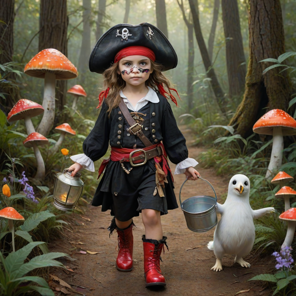 ultra detailed, photo realistic, painterly, of a little girl pirate, patch over one eye, black bandana over hair, walking and carrying an white ghost bucket and a lantern in the other hand, with bright red croc shoes, background path in the enchanted forest, wildflowers, colorful mushrooms misty hues of black and orange with bright gold glitter, ultra detailed