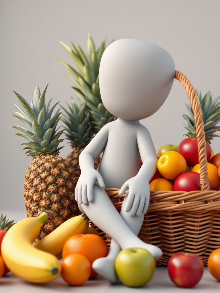 Create an image of a 3D character with a smooth, featureless body sitting beside a large woven basket filled with vibrant, fresh fruits including bananas, pineapples, apples, and oranges, shot with a Canon EOS R5, 50mm lens, f/1.8 aperture, ISO 100, natural light, shallow depth of field for enhanced focus on the fruits.