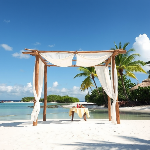 Create a picturesque tropical beach scene featuring a serene, white sandy shore. In the foreground, there's a rustic wooden canopy with white drapes gently flowing in the breeze. Underneath the canopy, a table is set with tropical decor, evoking a sense of relaxation and leisure. The beach extends into a calm, shallow water area with reflections of the sky and surroundings. Palm trees and lush greenery line the edge of the beach, providing a natural, tropical backdrop. The sky is clear with a few scattered clouds, and the overall atmosphere is tranquil and inviting, perfect for a peaceful retreat.