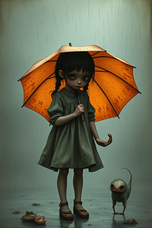 An eerie, weird little girl with dark hair in thin pigtails, wearing a smock dress, standing in the rain, holding a dirty orange umbrella, a small, odd creature beside her. In a surreal style inspired by Nicoletta Ceccoli and Brian Froud. Dark fantasy themes