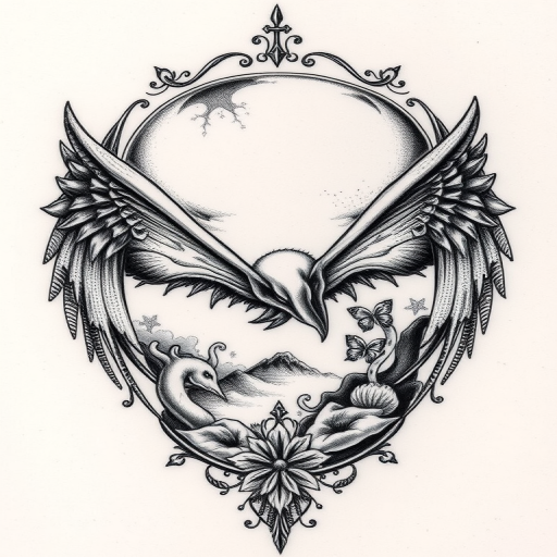 Etching-style tattoo named "Engraved Memories" featuring fine crosshatching and stippling techniques to create highly detailed black and white imagery with a vintage aesthetic