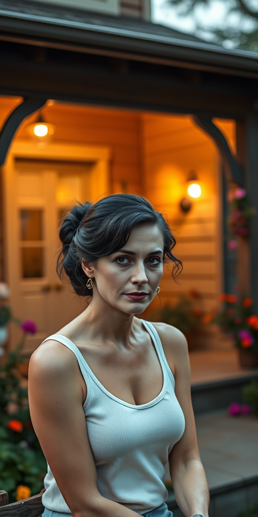 A photo of Greta Garbo with a background of a cozy porch. She has dark hair pulled back in an updo, with tendrils framing her face. She wears a white tank top and sits on the porch. The porch is part of a well-lit home with a warm, earthy tone and colorful flowers and foliage. The overall scene has a warm, welcoming, and comfortable ambiance.