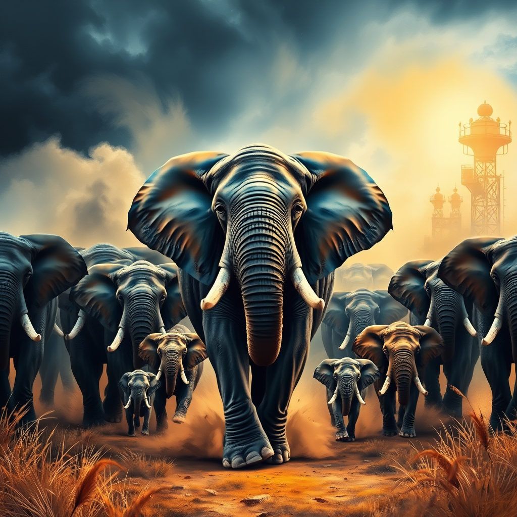 vivid colourful hyper-realistic Oil Painting. a charging group of many large angry elephants. A huge dominating bull elephant leads with huge white tusks ears. Includes a  baby elephant.  Lots of swirling dust whirling around them rising high and being kicked by their feet. Dark dramatic blue-grey fills the sky with warm breaking through. Colourful oil painting style. dry grass on the ground on each side. dark soft graduated band across top of picture. Warm colour. Art Look added in Topaz.