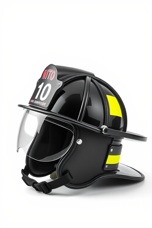 Photograph a black fire helmet with the number 10 and a clear visor, use a DSLR camera with a 50mm lens, aperture f/2.8, shutter speed 1/125 sec, ISO 200, in a well-lit studio setting with a plain white background.