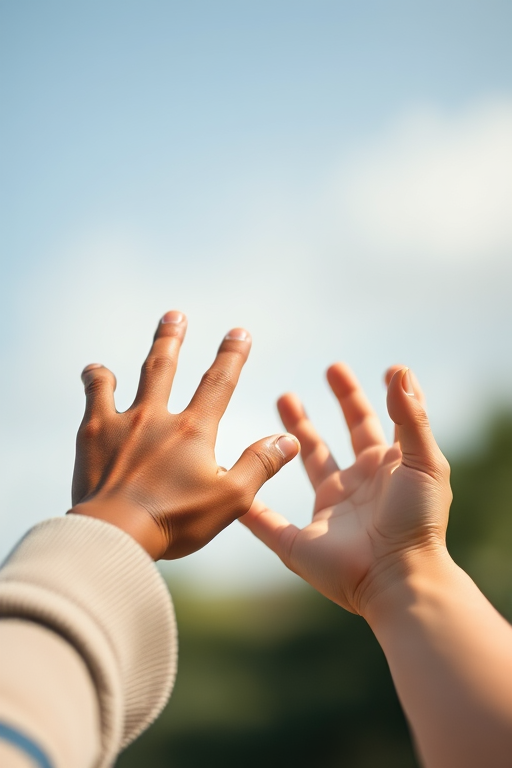 Create a high-resolution image of two hands reaching towards each other, one brown and one light-skinned, captured with a Canon EOS R5 camera at f/2.8, ISO 100, and a 50mm lens, using a soft focus style and natural light for enhanced quality.