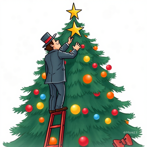 A whimsical cartoon of a man in a suit and hat decorating a large Christmas tree with a star, standing on a tall ladder, soft focus, 50mm lens, f/1.8 aperture, ISO 200, natural lighting, portrait orientation, watercolor style.