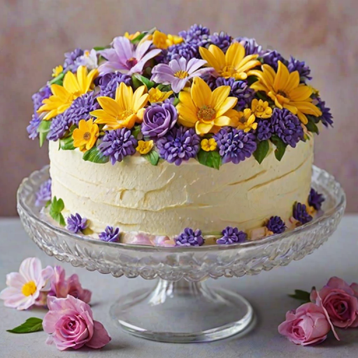 Create an image of a beautifully decorated cake featuring a variety of colorful flowers made from icing. The cake should be round and displayed on a glass cake stand. Include vibrant flowers like purple and yellow blooms, with delicate white flowers scattered around the base. The background should be softly blurred to emphasize the cake's details.