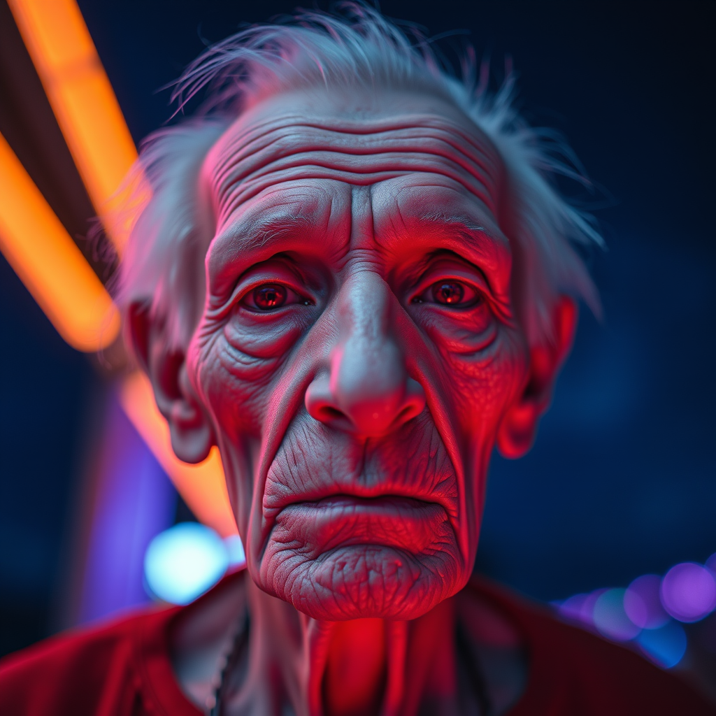 create a close-up perspective view fine art photography contemporary style of an elderly worn albino’s face with a soft, candid expression on a blurred sky black light background.Showcasing a modern style characterized by vibrant blacklight tones, using dramatic lighting and soft gradients to create a fine art atmosphere. The focus is on the light and facial features. motion light blur, neon backlit