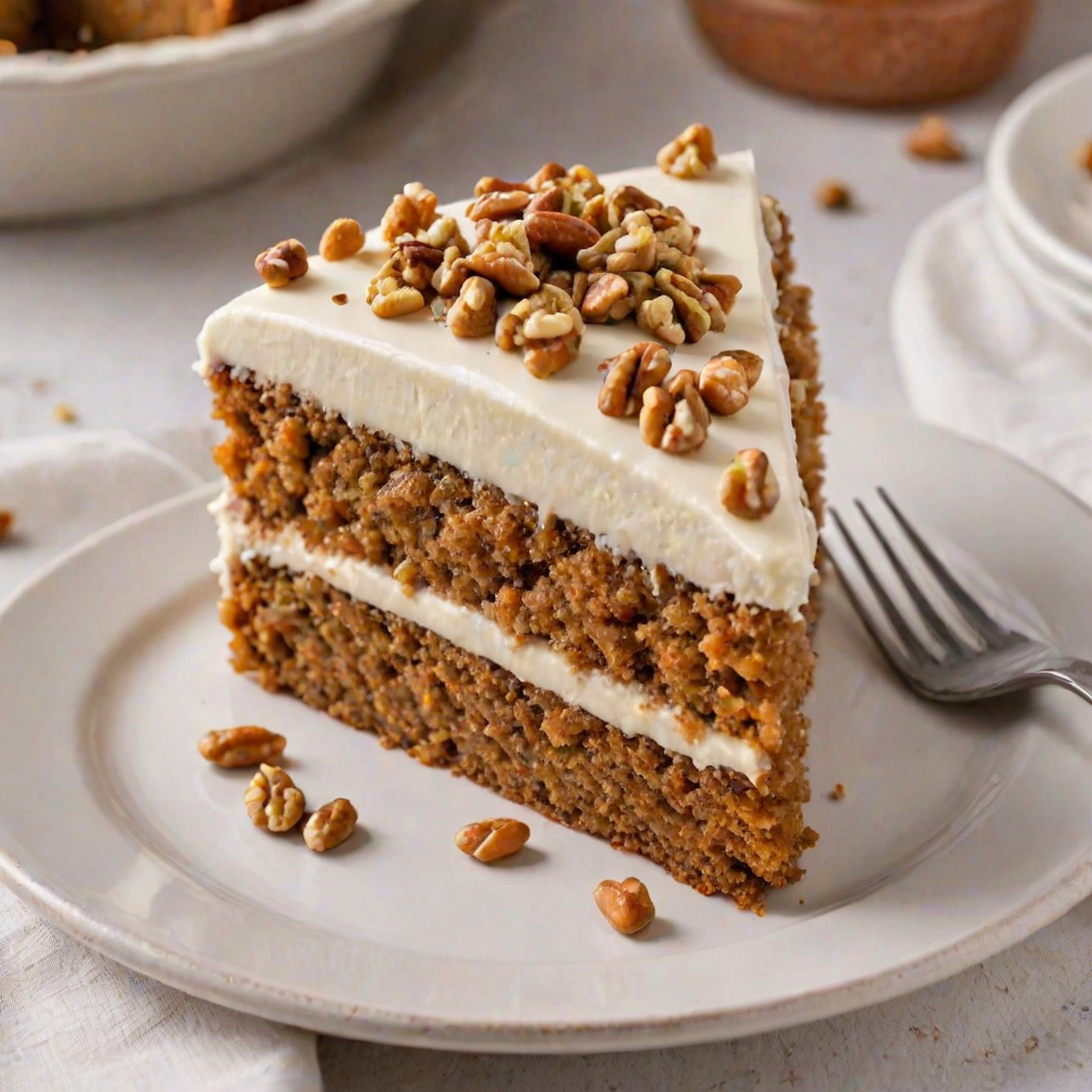 Create an image of a slice of moist carrot cake with cream cheese frosting, topped with chopped nuts, served on a white plate. The background should be softly blurred, highlighting the texture and layers of the cake.