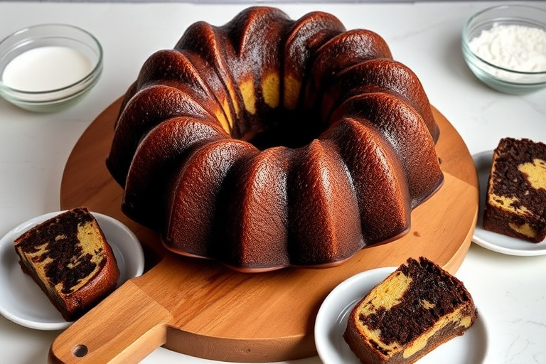 A beautifully presented chocolate marble bundt cake on a wooden serving board surrounded by slices on small plates with a light background and glass bowls of sugar and flour nearby.