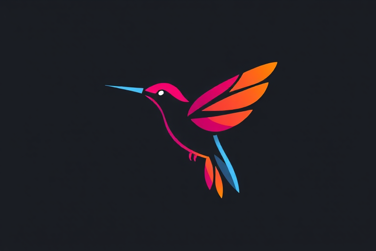 Create a minimalist, stylized hummingbird logo with vibrant colors including magenta, orange, and blue, set against a dark gray background, captured with a DSLR camera at f/2.8, ISO 100, 50mm lens, top-down view, high contrast lighting.