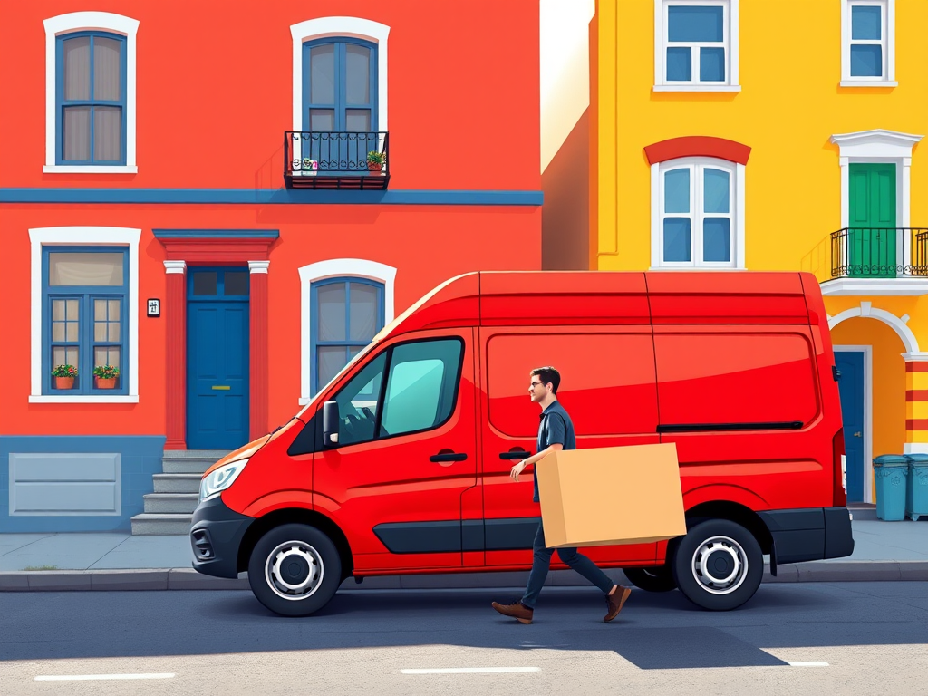 Generate a vibrant digital illustration of a red delivery van parked beside two colorful houses, with a person carrying two large boxes on the street, using a Canon EOS R5 with a 24-70mm f/2.8 lens, aperture set to f/8, ISO 100, in a bright, cartoonish style and wide-angle view.