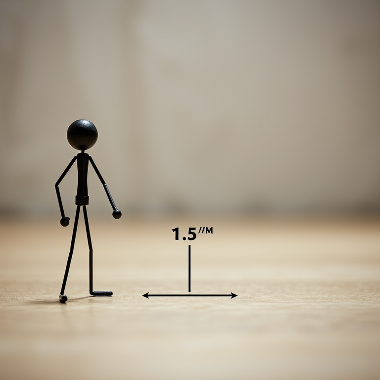 Create an image showing two stick figures standing 1.5 meters apart with a clear emphasis on the distance, using a high-resolution digital camera, aperture set to f/4 for depth of field, ISO 100 for low noise, shot in a well-lit environment to enhance contrast, with a frontal view for clarity.
