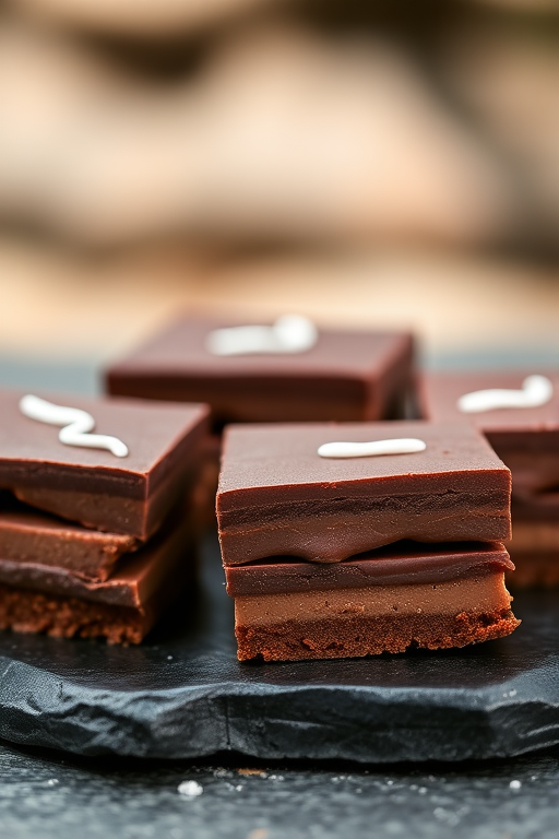 Close-up shot of elegant layered chocolate desserts on a dark stone surface, with a shallow depth of field, natural lighting with soft shadows, 50mm lens at f/2.8, ISO 100, shot on a DSLR camera.