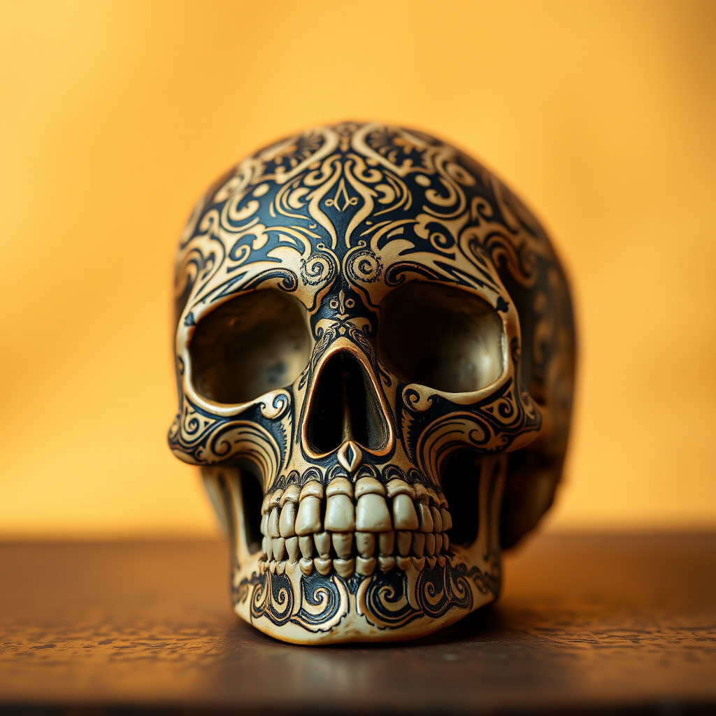 Create a highly detailed close-up image of an intricately designed skull with ornate patterns, set against a soft golden background, using a DSLR camera, 85mm lens, aperture f/1.8, ISO 200, and a shallow depth of field for maximum focus on the skull while softly blurring the background.