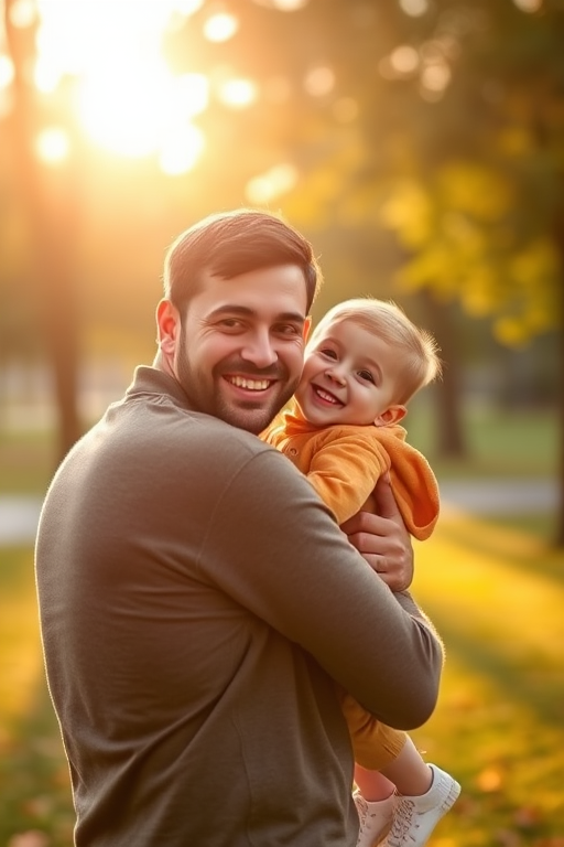 Generate a warm, heartwarming scene of a father holding his smiling son in a sunlit park, capturing the joy of their bond with a shallow depth of field, golden hour lighting, aperture set to f/2.8, ISO 200, 50mm lens, and soft bokeh in the background to enhance the image quality.