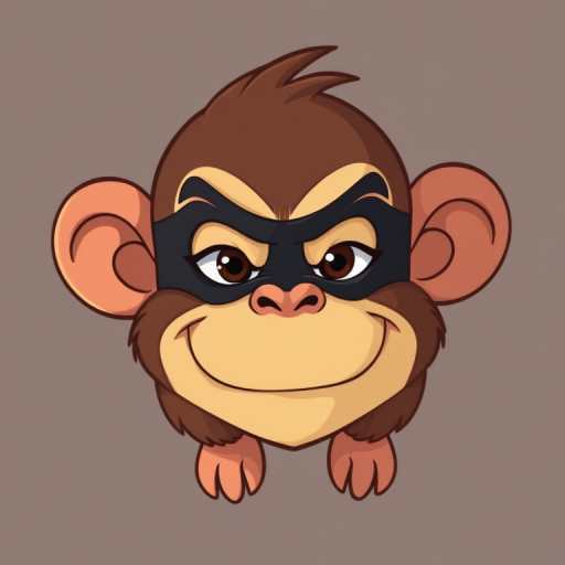 Generate a high-resolution image of a cartoon monkey with a mischievous expression and a black mask, using a Canon EOS 5D Mark IV, aperture f/8, ISO 100, 50mm lens, top-down view, in vector art style.