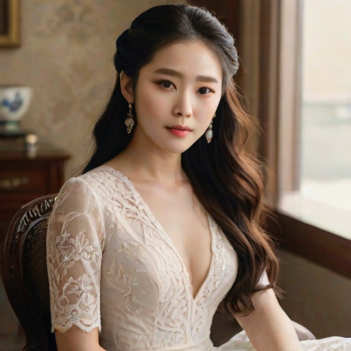 Create a portrait of a refined and elegant Korean woman seated in a sophisticated setting. She has long, wavy hair styled in two thick braids that are pulled over her shoulders. She wears a white, lace gown with intricate patterns, featuring a deep V-neckline and short sleeves. The dress exudes a vintage charm with its delicate lacework. She is adorned with ornate, dangling earrings that add a touch of glamour to her appearance. The background is softly lit, with warm, ambient lighting that creates a cozy and inviting atmosphere. Her expression is poised and serene, capturing a sense of grace and elegance.