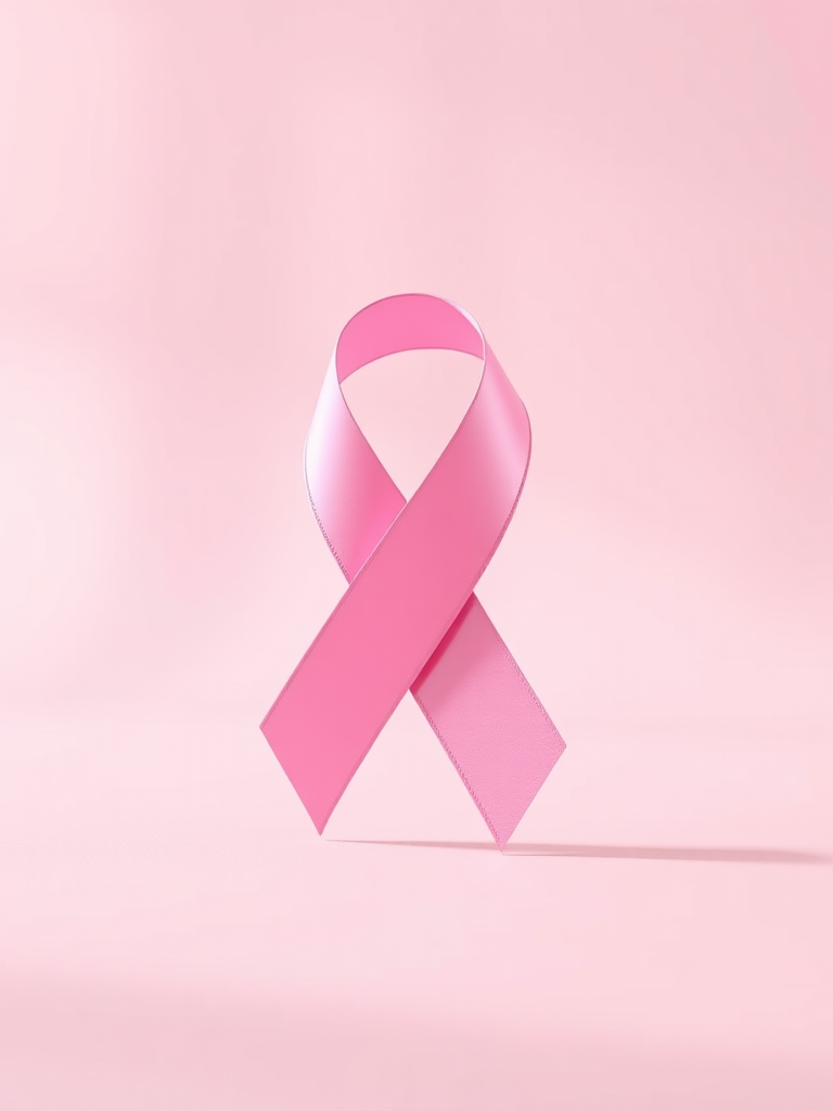 create a 3D rendering of a pink ribbon on a smooth background, using a DSLR camera with a focal length of 50mm, aperture set to f/2.8, ISO 100, shot in soft natural lighting, capture with a shallow depth of field and a studio setup to enhance image quality
