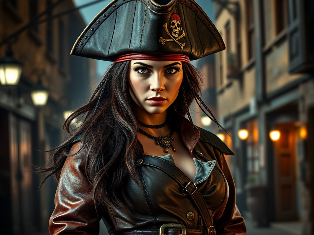 Create a portrait of a fierce female pirate. She wears a leather tricorn hat adorned with a skull and crossbones emblem, and her long, dark hair flows around her face. Her outfit consists of a richly detailed leather jacket, a corset, and multiple layers of belts and accessories, giving her a formidable and stylish appearance. She stands confidently in a dimly lit, historic port town, with a backdrop of weathered buildings and cobblestone streets, capturing the adventurous spirit of a pirate.