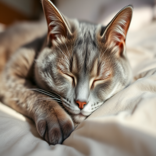 A close-up of a sleeping gray cat on a soft, light-colored bedspread, captured with a Canon EOS 5D Mark IV, 50mm lens, aperture f/1.8, ISO 200, soft natural lighting.