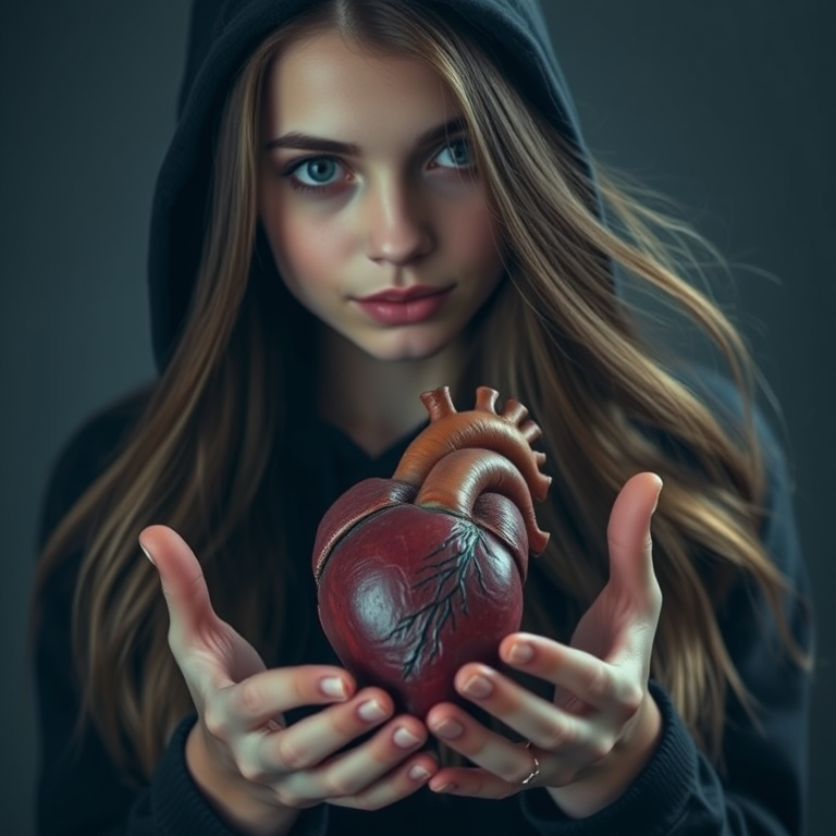 A young woman with long, flowing hair wearing a dark hoodie holds a realistic human heart in her hands, soft diffused lighting, shallow depth of field, ISO 200, f/2.8, 50mm lens, portrait mode, Canon EOS R5.