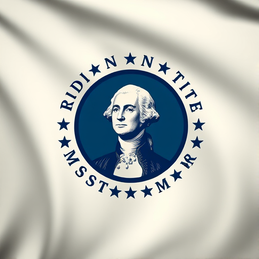 Create a high-resolution image of the Washington State flag featuring the state seal with George Washington's portrait centered, using a DSLR camera with a 50mm lens, aperture set to f/8 for depth of field, ISO 200 for clear detail, and a slight vignette effect for emphasis, captured from a slightly elevated angle.