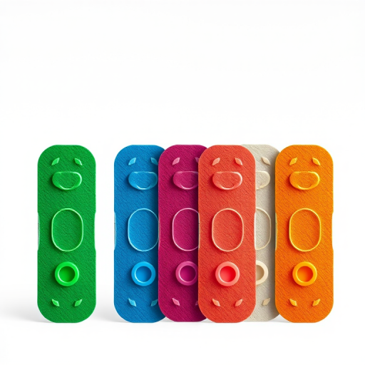 Create a high-resolution illustration of six colorful adhesive bandages in a row, with varying colors of brown, yellow, green, blue, purple, and red, using a DSLR camera with a 50mm lens, f/2.8 aperture, ISO 100, and natural lighting for enhanced clarity and detail.