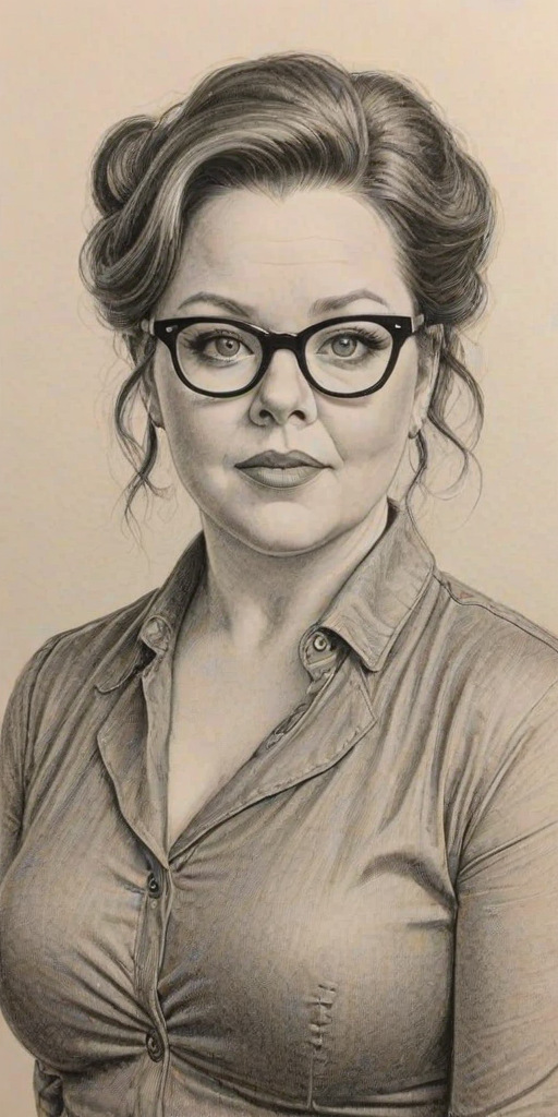 Bewitching Melissa McCarthy, pencil sketch, portrait of Resplendent woman 1956s in glasses, hair style beatnik, outline, clear lines, fine lines, 8k