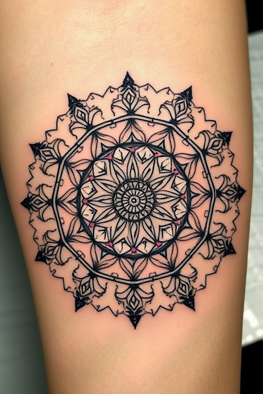 Mandala tattoo incorporating sacred geometry patterns and spiritual symbols, intricate dotwork and fine lines, radial symmetry with gradient shading, mesmerizing optical illusion effect