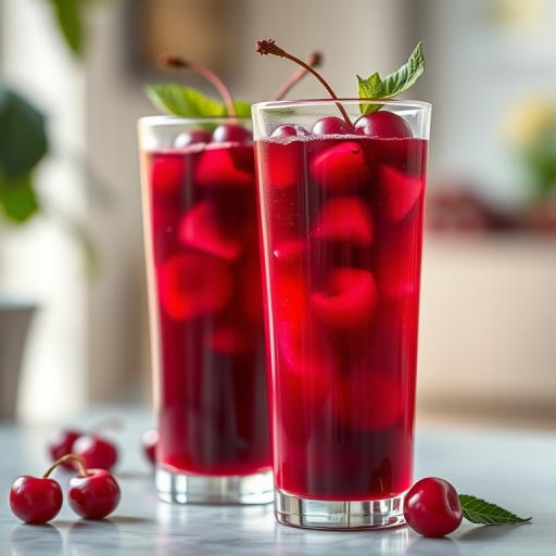 Create a vibrant and detailed image of two glasses of cherry juice garnished with fresh cherries and leaves, indoors with natural light, using a Canon EOS 5D Mark IV, 50mm lens, f/1.8 aperture, ISO 100, and a shallow depth of field for a soft background.