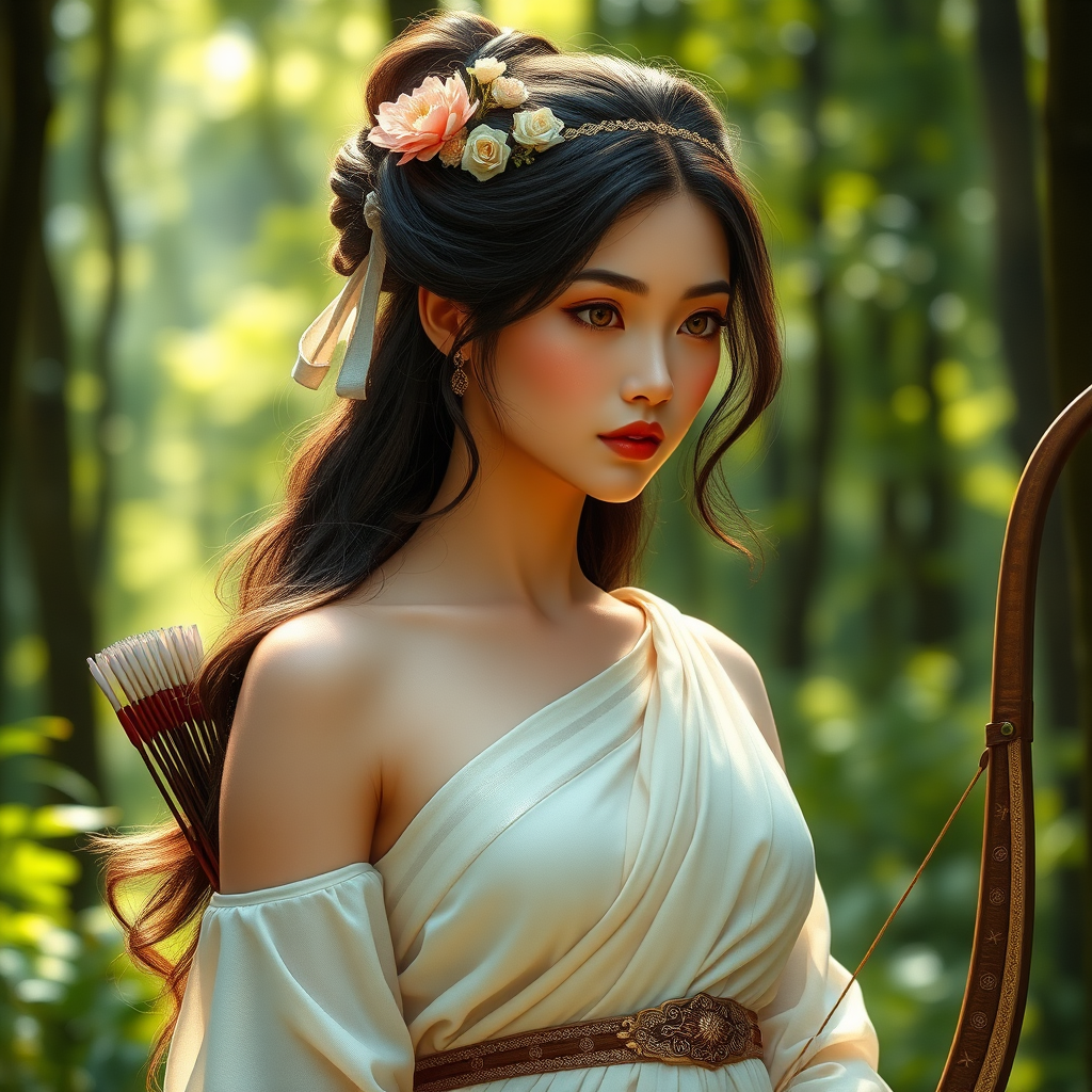 Create a portrait of a goddess-like Chinese girl figure in a tranquil, forested environment. She has an elegant appearance with long, wavy hair styled in an updo and adorned with a delicate, floral headband. She wears a flowing, ancient Greek-inspired gown in a soft, pale color, featuring a one-shoulder design and draped fabric that accentuates her graceful form. The outfit includes a decorative belt with ornate gold detailing, and she holds a bow in her hand, with a quiver of arrows slung over her shoulder. The background depicts lush greenery, with sunlight filtering through the trees, casting a gentle, ethereal light on the scene. Her expression is calm and contemplative, embodying a sense of wisdom and serenity.
