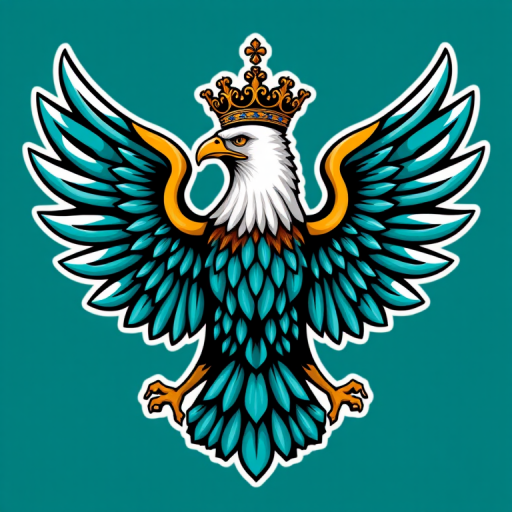 Create a detailed vector graphic of a stylized teal eagle emblem with spread wings and an ornate crown, capturing intricate feather details, using a Canon EOS R5 with a 50mm f/1.2 lens, aperture set at f/8, ISO 200, and natural lighting for enhanced clarity and depth.