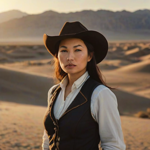 Dramatic photo of a beautiful Uyghur woman, classic cowboy attire, confident and free spirit expression, half-length portrait, centered, golden hour desert landscape, warm, diffused light, low angle, medium format film camera, in style of Annie Leibovitz.