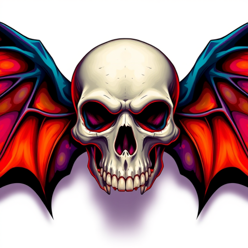 Create a vibrant, high-resolution illustration of a skull with colorful bat wings, using a Canon EOS 5D Mark IV, 50mm lens, f/4 aperture, ISO 100, and shot from a straight-on view to enhance details and colors.