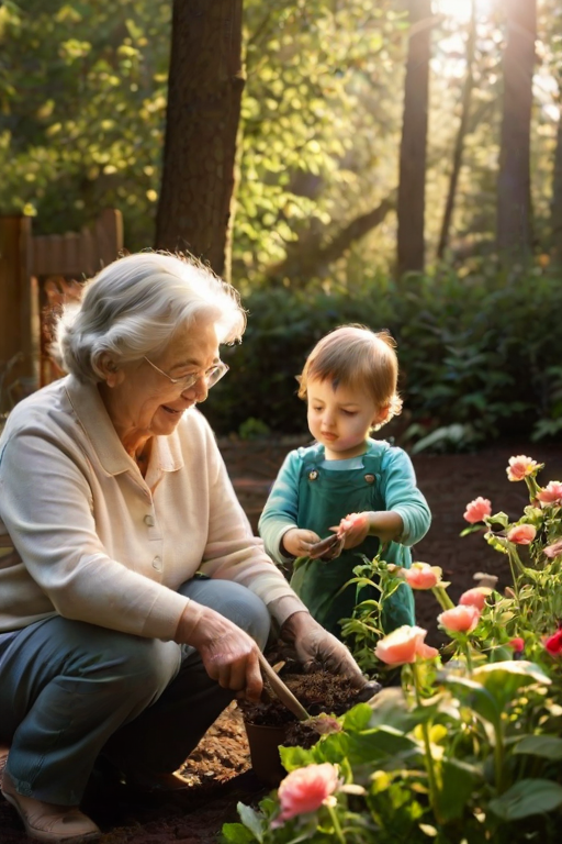 Warm, softly lit photo of a grandmother and child gardening together, soft sunlight filtering through the trees, dirt-covered hands planting flowers, the smell of fresh earth and flowers in the air, and a sense of togetherness and growth.