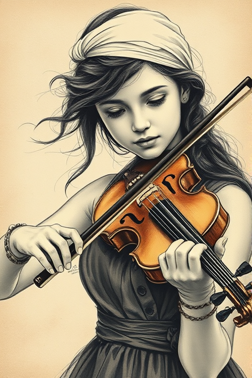 a young Romani woman with a white headband playing a violin, in the style of a charcoal drawing, sepia grunge background