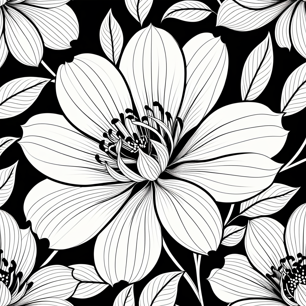 Elegant Black and White Floral Design Featuring Lush Blossoms and Leaves