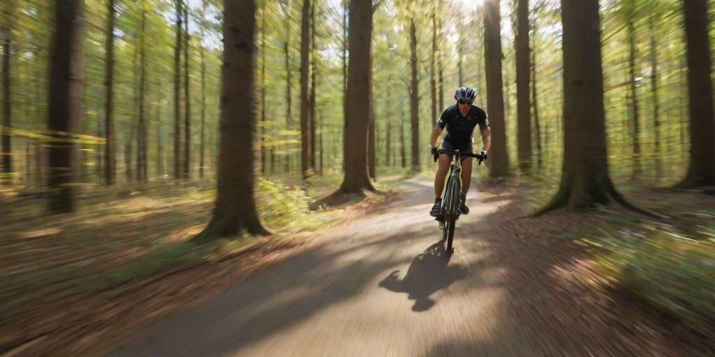 Blurry action photo of a cyclist speeding through a forest trail, soft sunlight filtering through the trees, with the distant sound of birds chirping in the background.