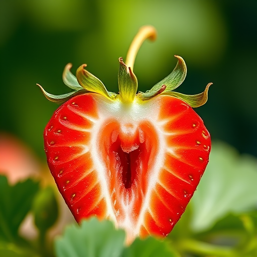 Create a high-resolution image of a fresh strawberry, cut in half to show the juicy interior, with vibrant red and green colors, using a DSLR camera at f/2.8, 50mm lens, in natural light with a shallow depth of field to enhance detail and clarity.