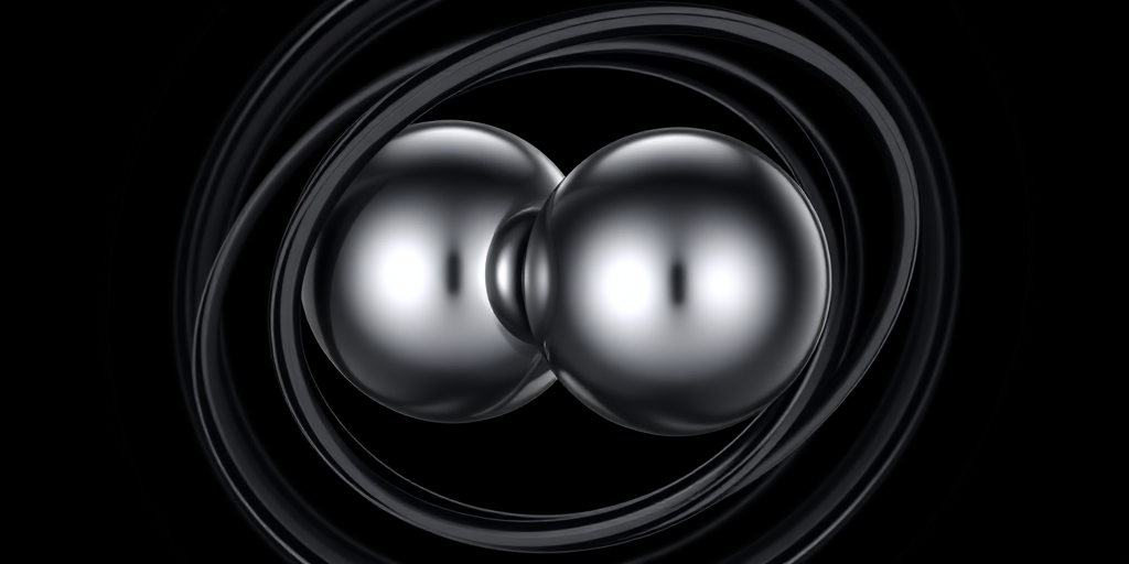 Create a 3D rendering of two intersecting metallic spheres surrounded by dynamic swirling rings, with a high contrast black background, soft lighting for depth, using a Canon EOS R5 with a 50mm lens at f/1.8, ISO 100, and a shutter speed of 1/60 seconds, in a photorealistic style.