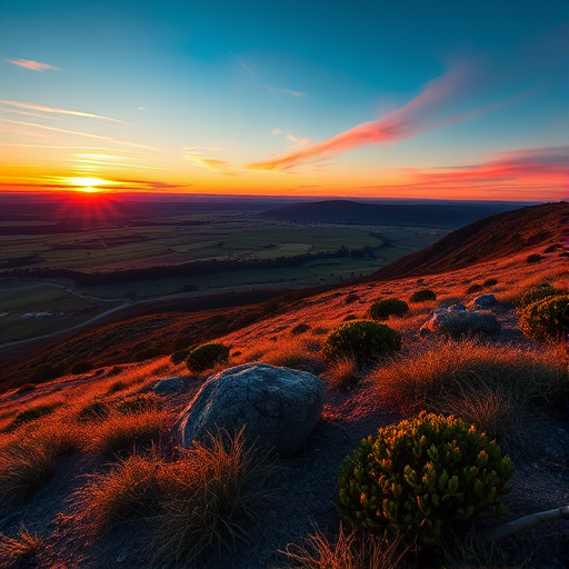 Capture a high-resolution image of a detailed landscape at sunset with vibrant colors, using a Canon EOS R5, 24mm lens, aperture f/8, ISO 100, 1/60 second exposure, in a wide-angle view, emphasizing foreground and background depth, ensuring clarity and sharpness throughout the scene.