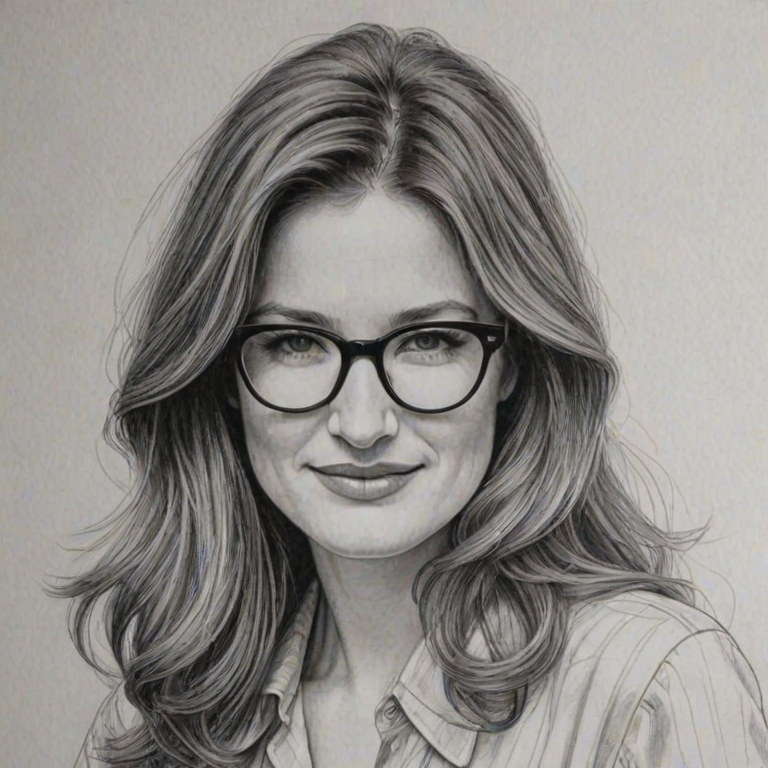 Magnificent Kathryn Hahn, pencil sketch, portrait of Delightful woman 1973s in glasses, hair style beatnik, outline, clear lines, fine lines, 8k