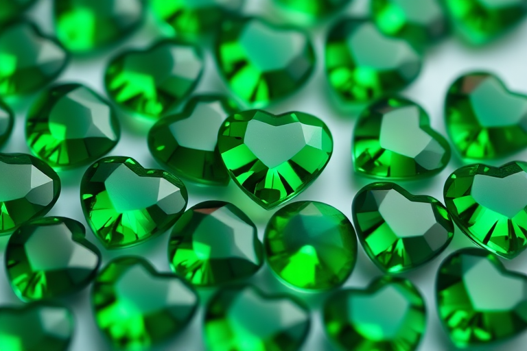 Create a close-up shot of green heart-shaped gemstones arranged aesthetically, using a DSLR camera with a 50mm lens, aperture f/2.8, ISO 200, and a soft focus background to enhance color vibrancy and detail.