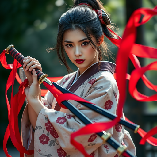 Create an image of a female warrior holding a katana, wearing a traditional kimono with floral patterns, surrounded by flowing red silk ribbons, photographed with a Canon EOS R5, 50mm f/1.2 lens, soft natural lighting, shot at f/1.8, 1/200s shutter speed, ISO 100, with a shallow depth of field to emphasize the subject.