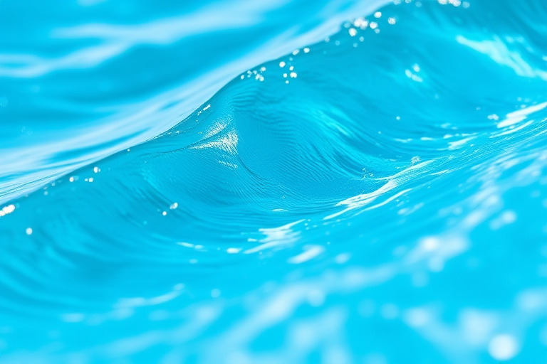 Regenerate an image of vibrant blue and turquoise waves with a soft focus background, using a macro lens, aperture at f/2.8, shutter speed at 1/200s, ISO 100, with a tilt-shift perspective for enhanced depth and detail.